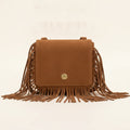 Brown small fringe bag, front view