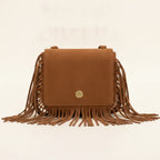 Brown small fringe bag, front view