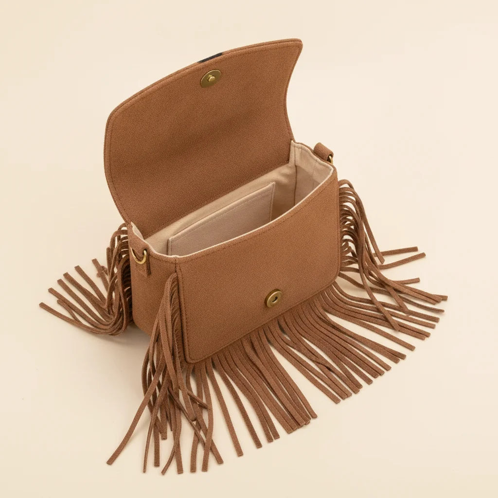 Interior lining and pockets of Brown small fringe bag