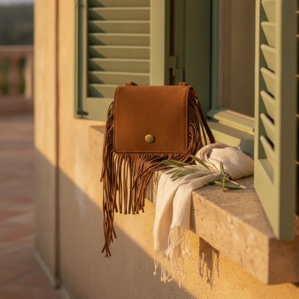 Brown small fringe bag styled in a warm Mediterranean setting