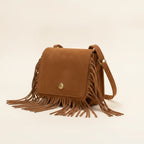 Brown small fringe bag, three-quarter angle showing side depth