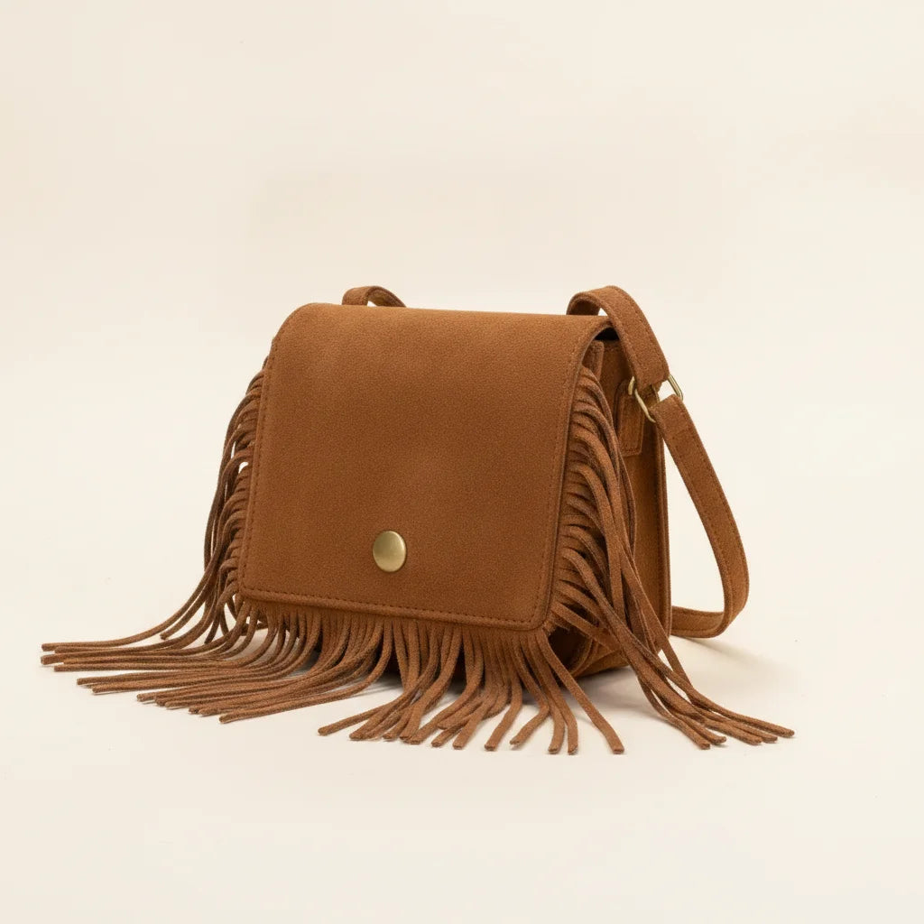 Brown small fringe bag, three-quarter angle showing side depth