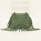 Back panel of Green small fringe bag with strap attachments