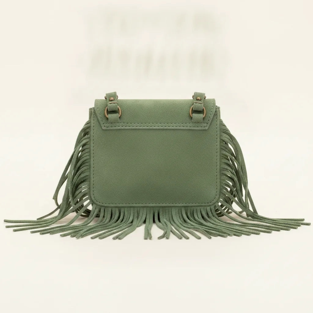Back panel of Green small fringe bag with strap attachments