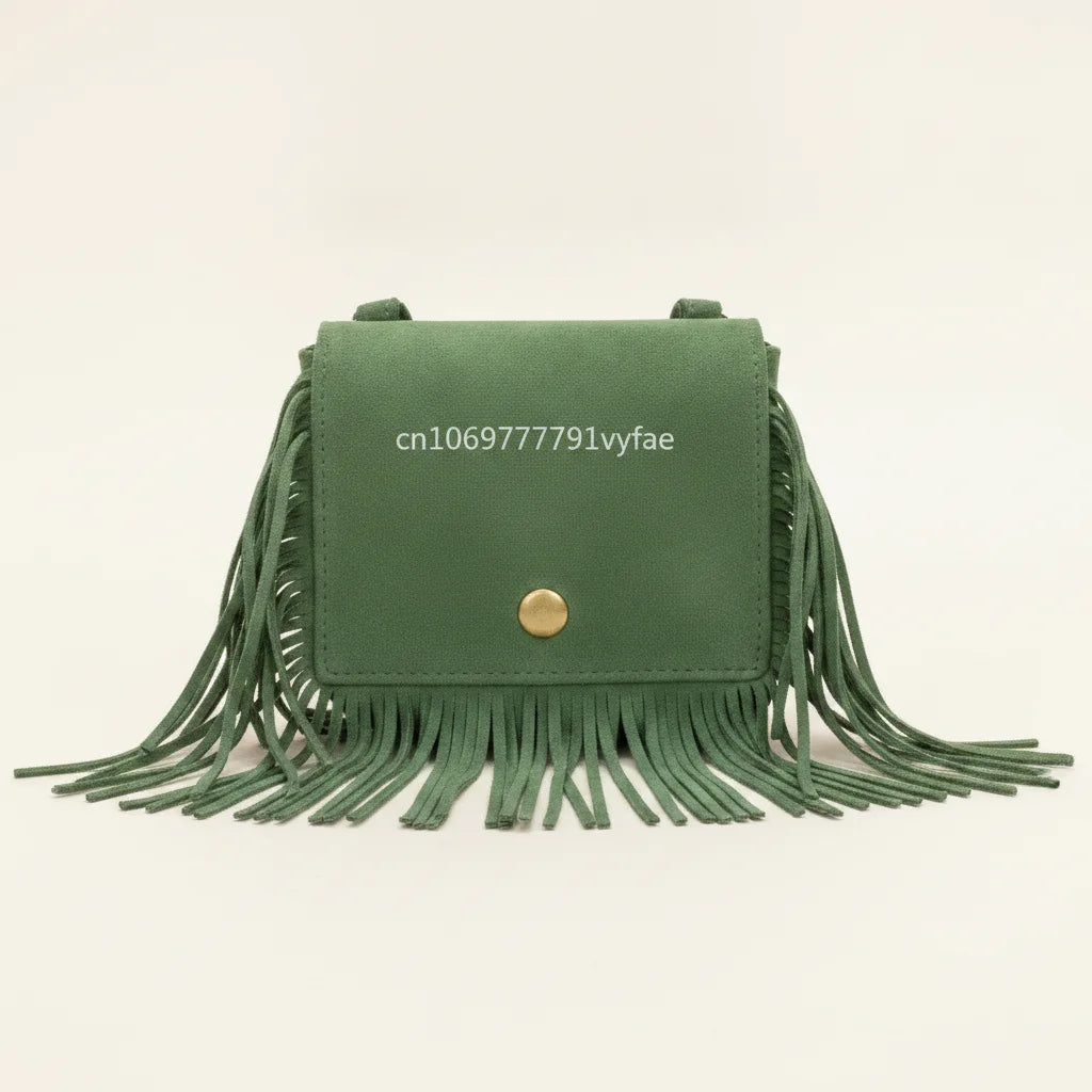 Green small fringe bag, front view