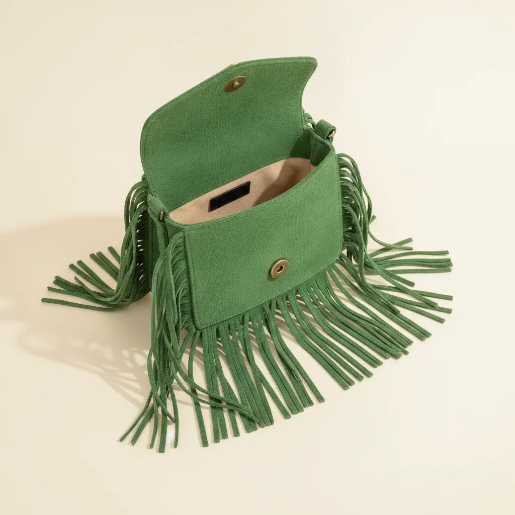 Interior lining and pockets of Green small fringe bag