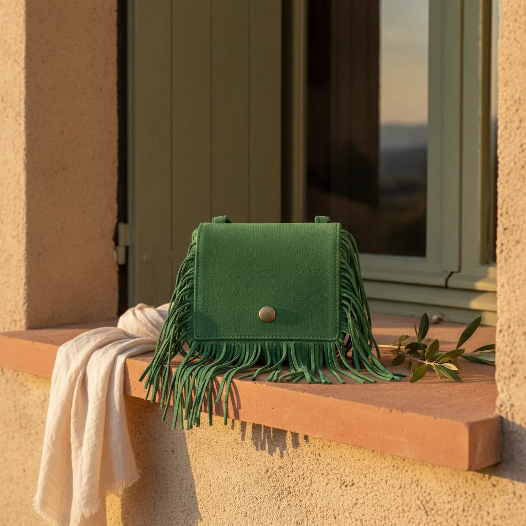 Green small fringe bag styled in a warm Mediterranean setting
