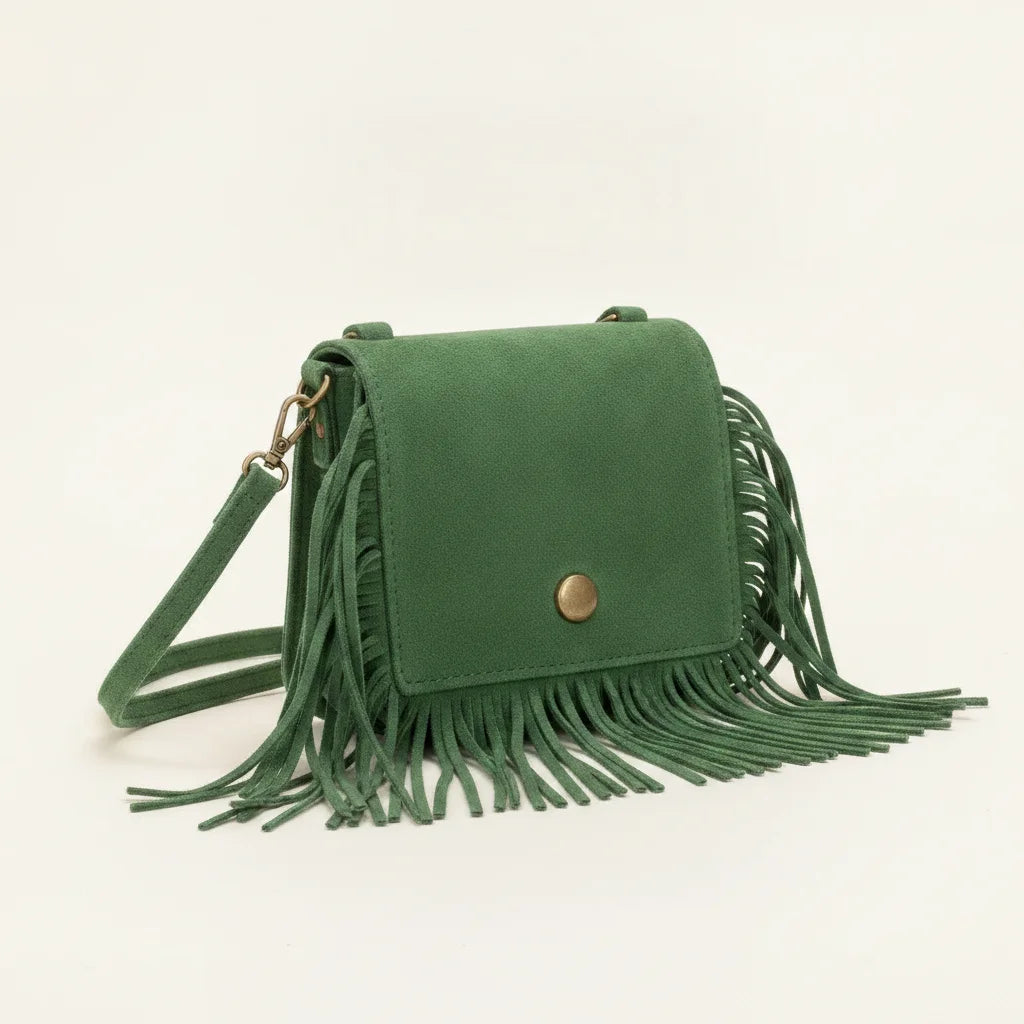 Green small fringe bag, three-quarter angle showing side depth