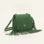 Green small fringe bag, three-quarter angle showing side depth