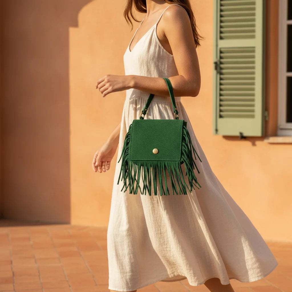Woman wearing Green small fringe bag with swaying fringe