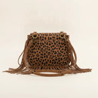 Back panel of Leopard small fringe bag with strap attachments