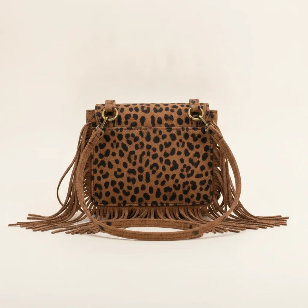 Back panel of Leopard small fringe bag with strap attachments