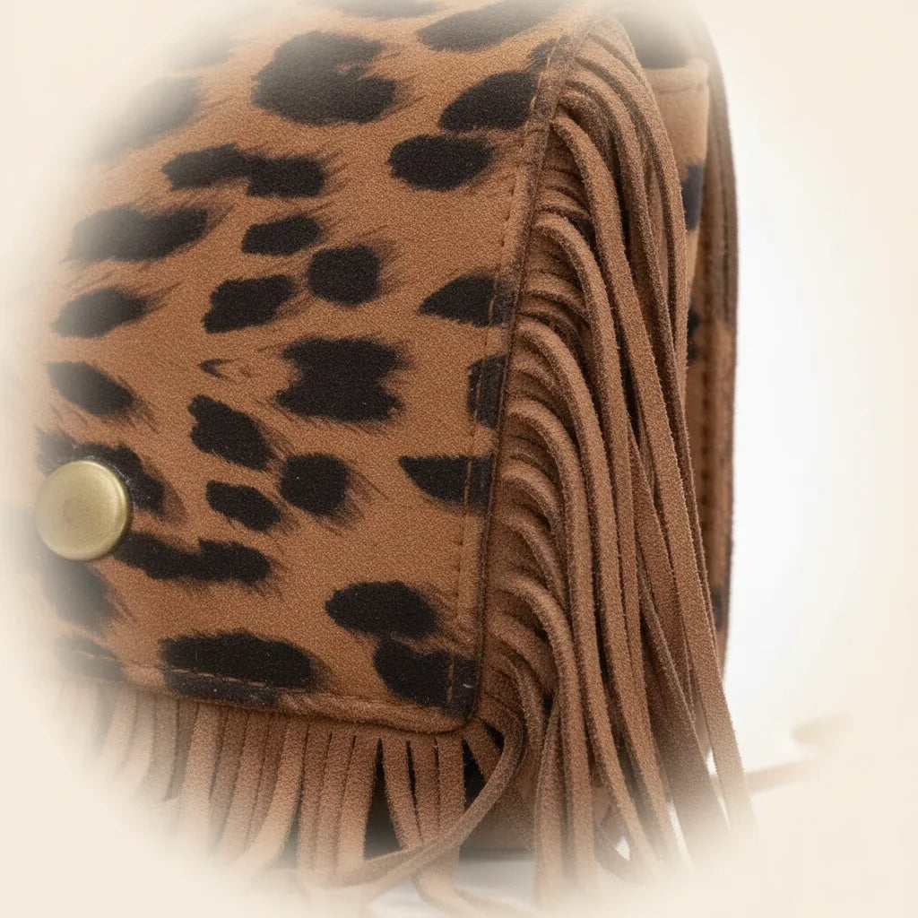 Close-up of fringe stitching and texture on Leopard small fringe bag