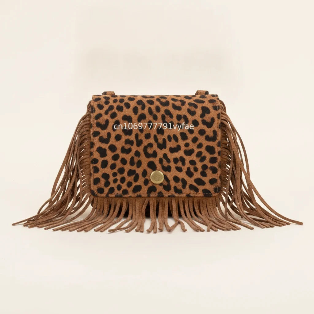 Leopard small fringe bag, front view