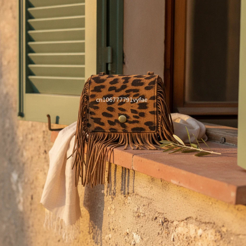 Leopard small fringe bag styled in a warm Mediterranean setting