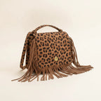 Leopard small fringe bag, three-quarter angle showing side depth