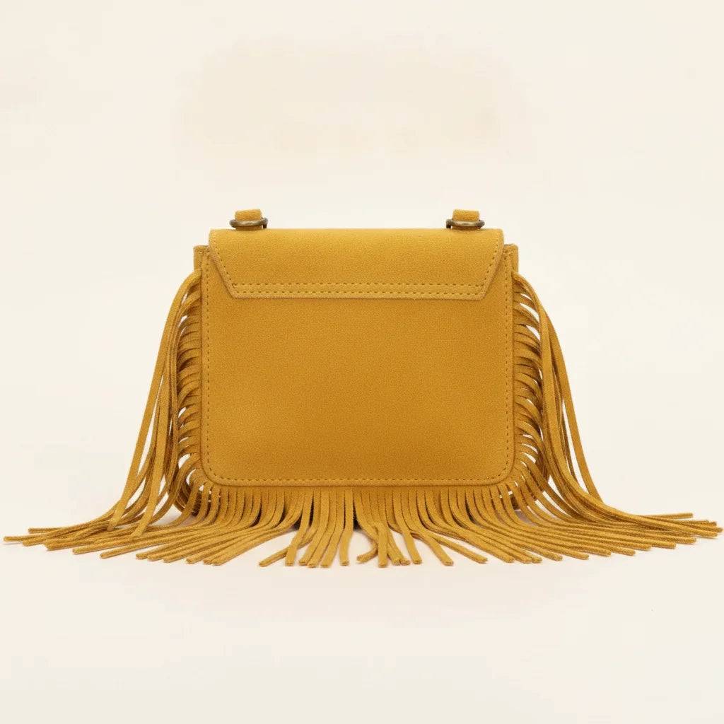 Back panel of Yellow small fringe bag with strap attachments
