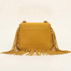 Back panel of Yellow small fringe bag with strap attachments
