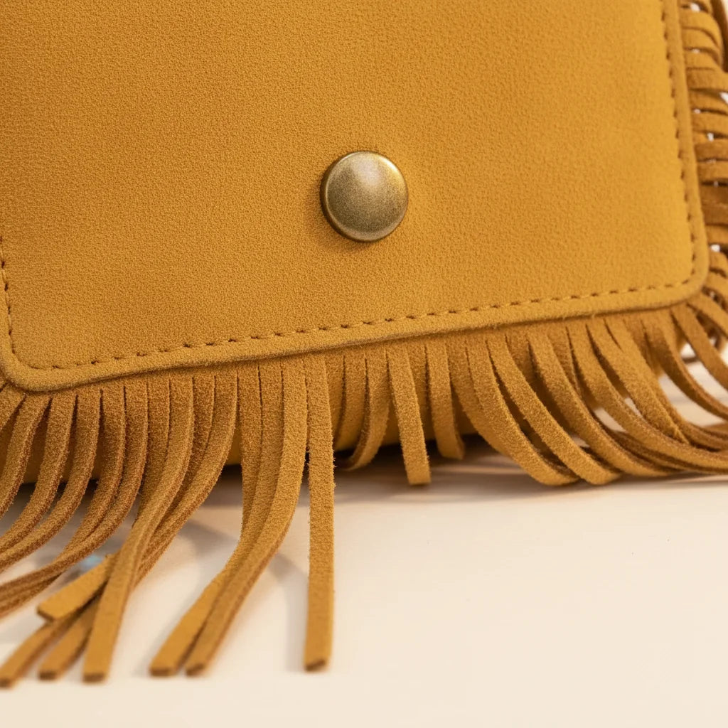 Close-up of fringe stitching and texture on Yellow small fringe bag