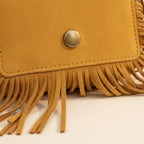 Close-up of fringe stitching and texture on Yellow small fringe bag