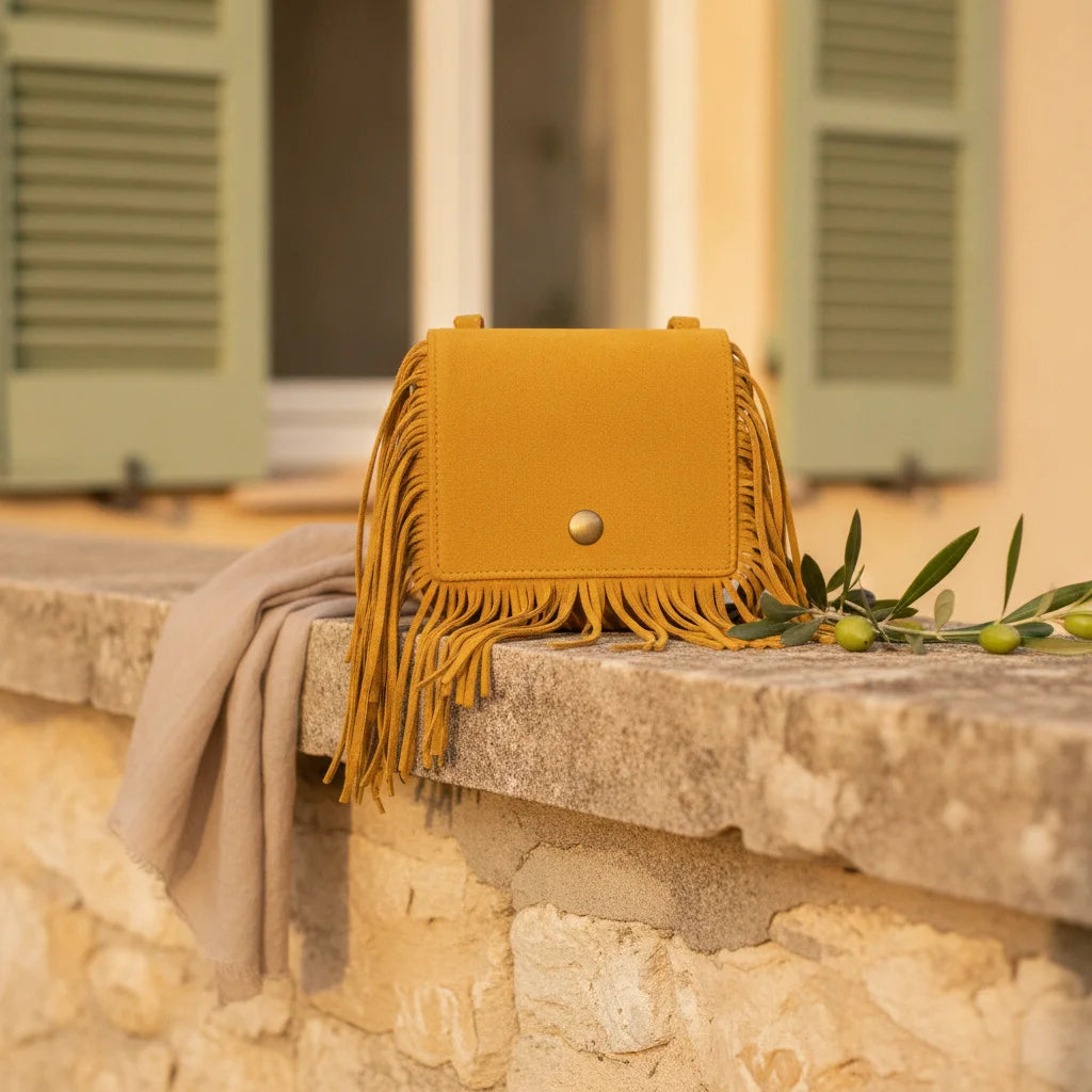Yellow small fringe bag styled in a warm Mediterranean setting