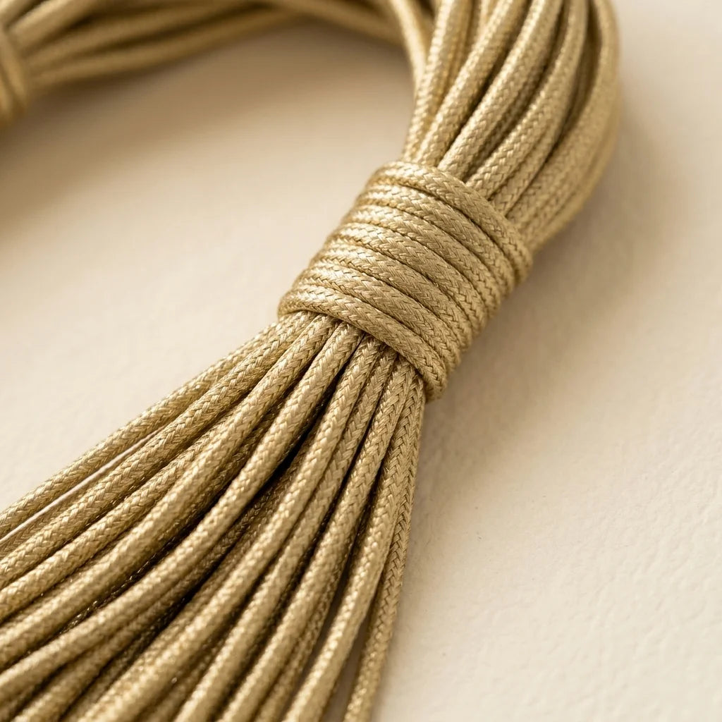 Close-up of fringe stitching and texture on Gold small fringe bucket bag