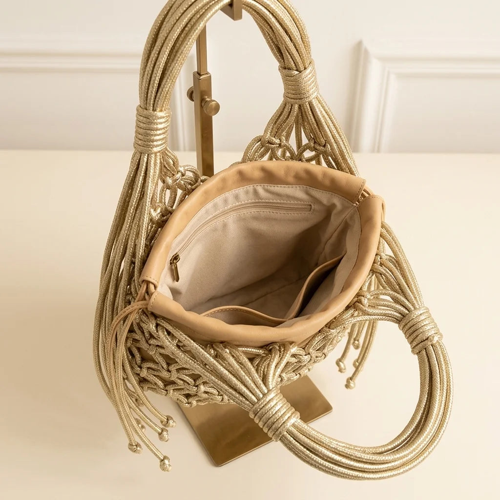 Interior lining and pockets of Gold small fringe bucket bag