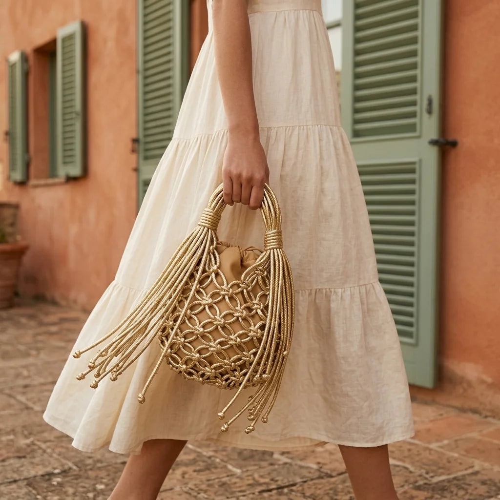 Woman wearing Gold small fringe bucket bag with swaying fringe