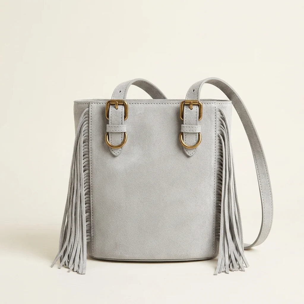 Back panel of Silver small fringe bucket bag with strap attachments
