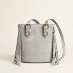 Back panel of Silver small fringe bucket bag with strap attachments
