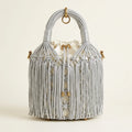 Silver small fringe bucket bag, front view