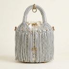 Silver small fringe bucket bag, front view