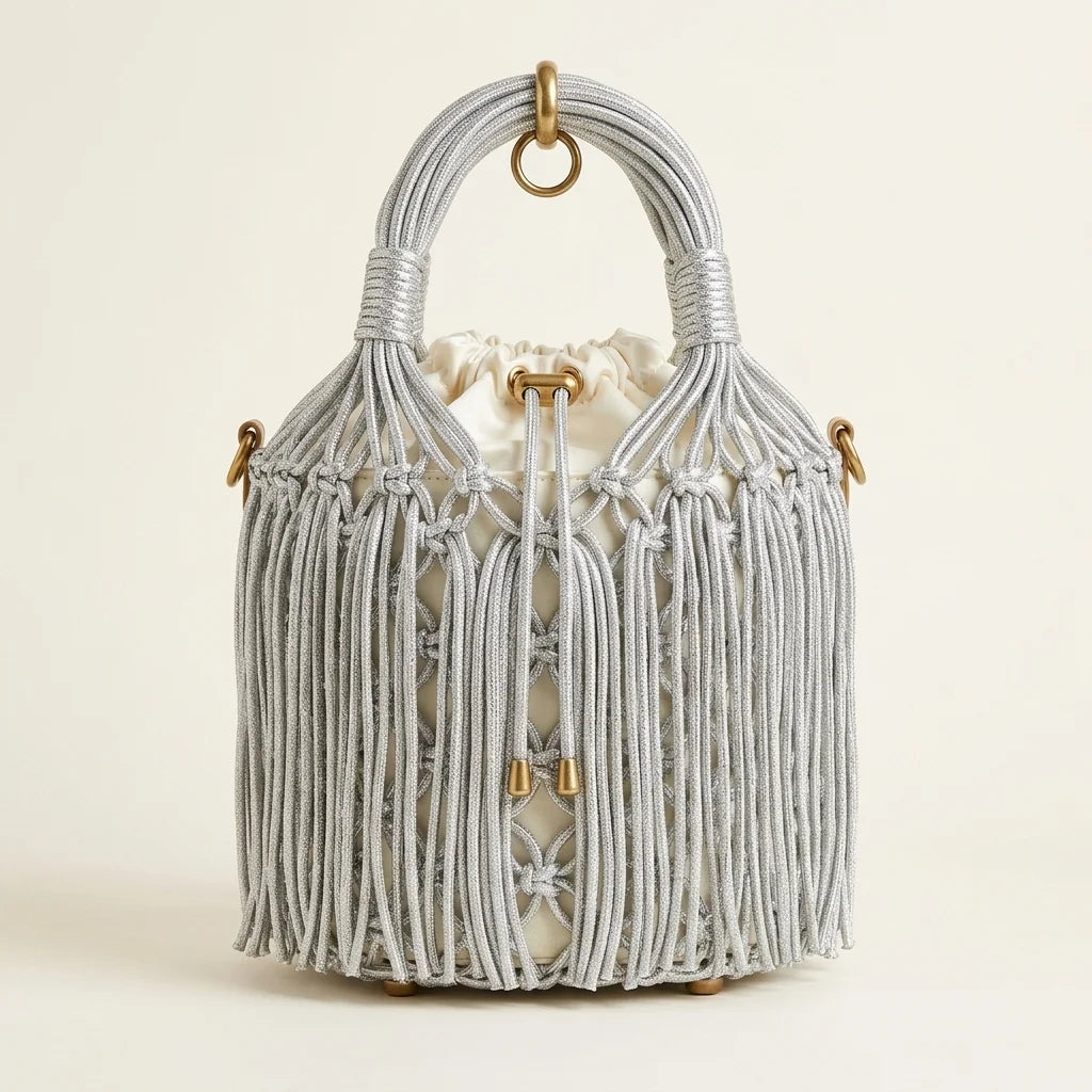 Silver small fringe bucket bag, front view