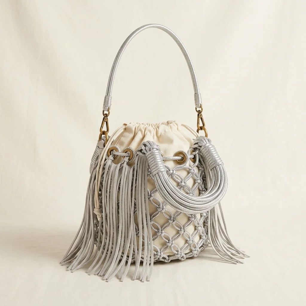 Silver small fringe bucket bag, three-quarter angle showing side depth