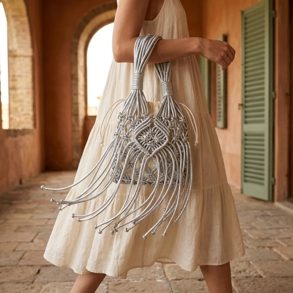 Woman wearing Silver small fringe bucket bag with swaying fringe
