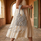 Woman wearing Silver small fringe bucket bag with swaying fringe