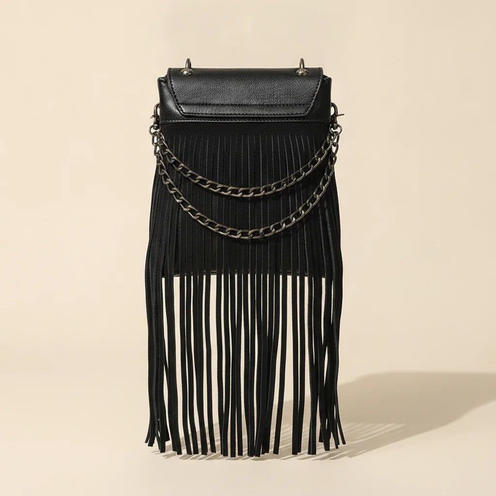 Black small fringe crossbody bag, front view