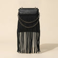 Black small fringe crossbody bag, front view