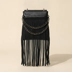 Black small fringe crossbody bag, front view