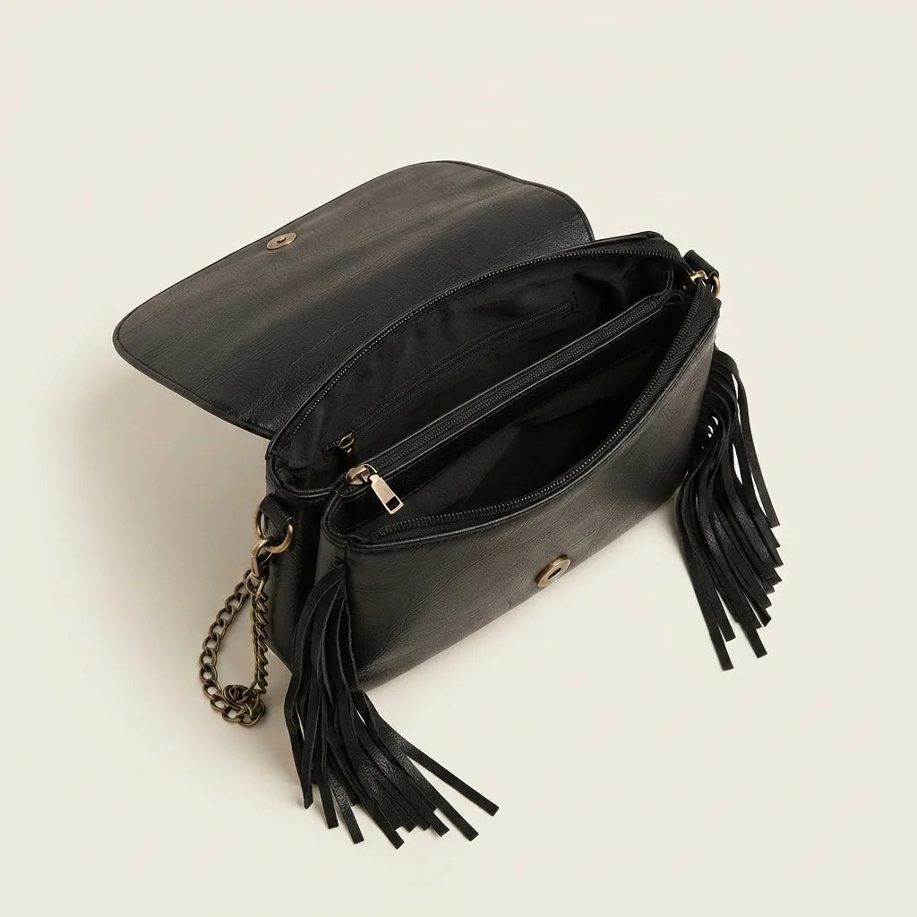 Interior lining and pockets of Black small fringe crossbody bag