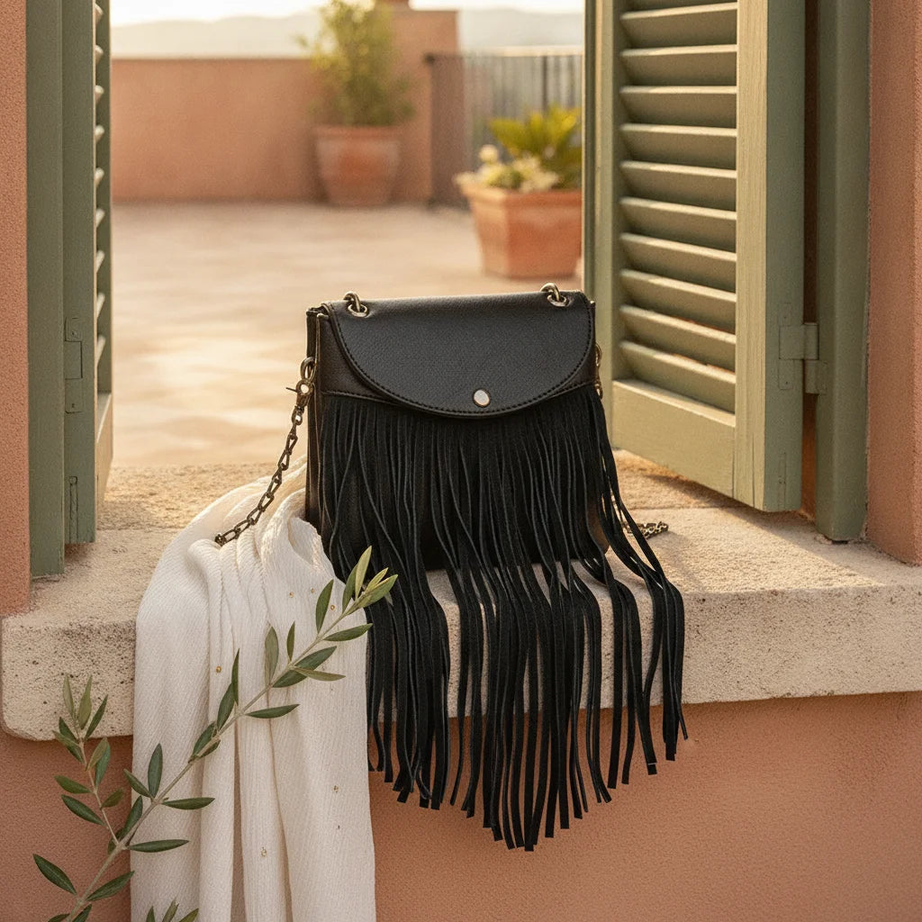 Black small fringe crossbody bag styled in a warm Mediterranean setting