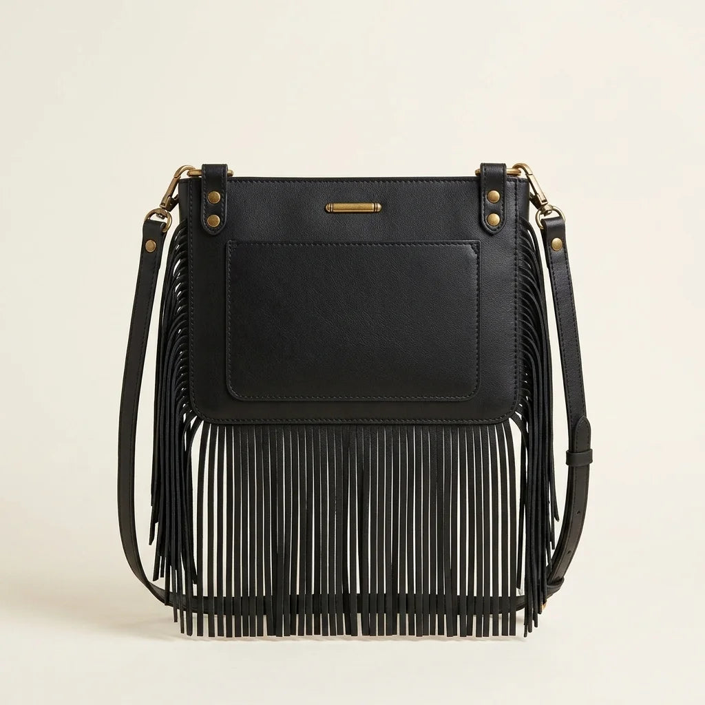 Back panel of Black small fringe leather crossbody bag with strap attachments