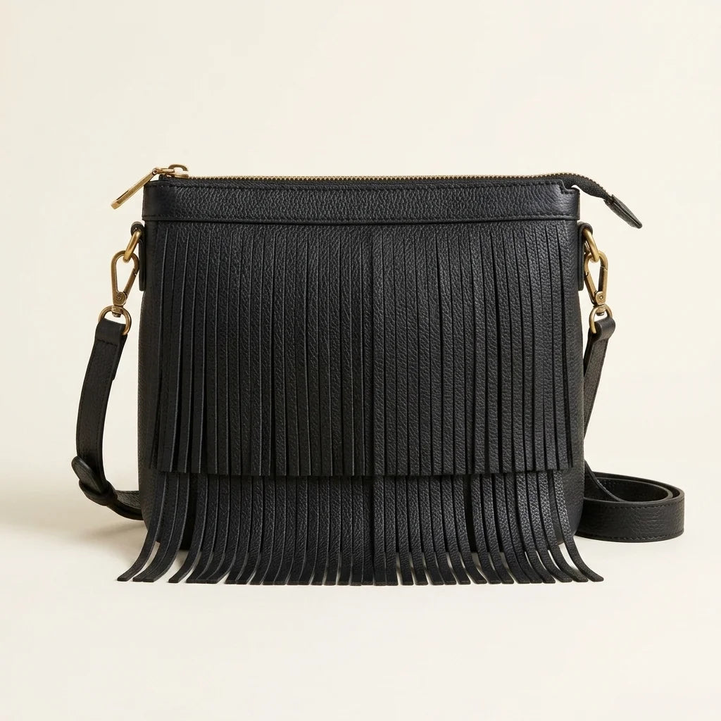 Black small fringe leather crossbody bag, front view