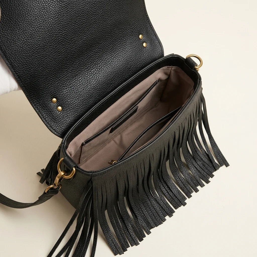 Interior lining and pockets of Black small fringe leather crossbody bag