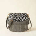 Grey small fringe leather crossbody bag, front view
