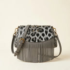Grey small fringe leather crossbody bag, front view