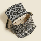 Interior lining and pockets of Grey small fringe leather crossbody bag