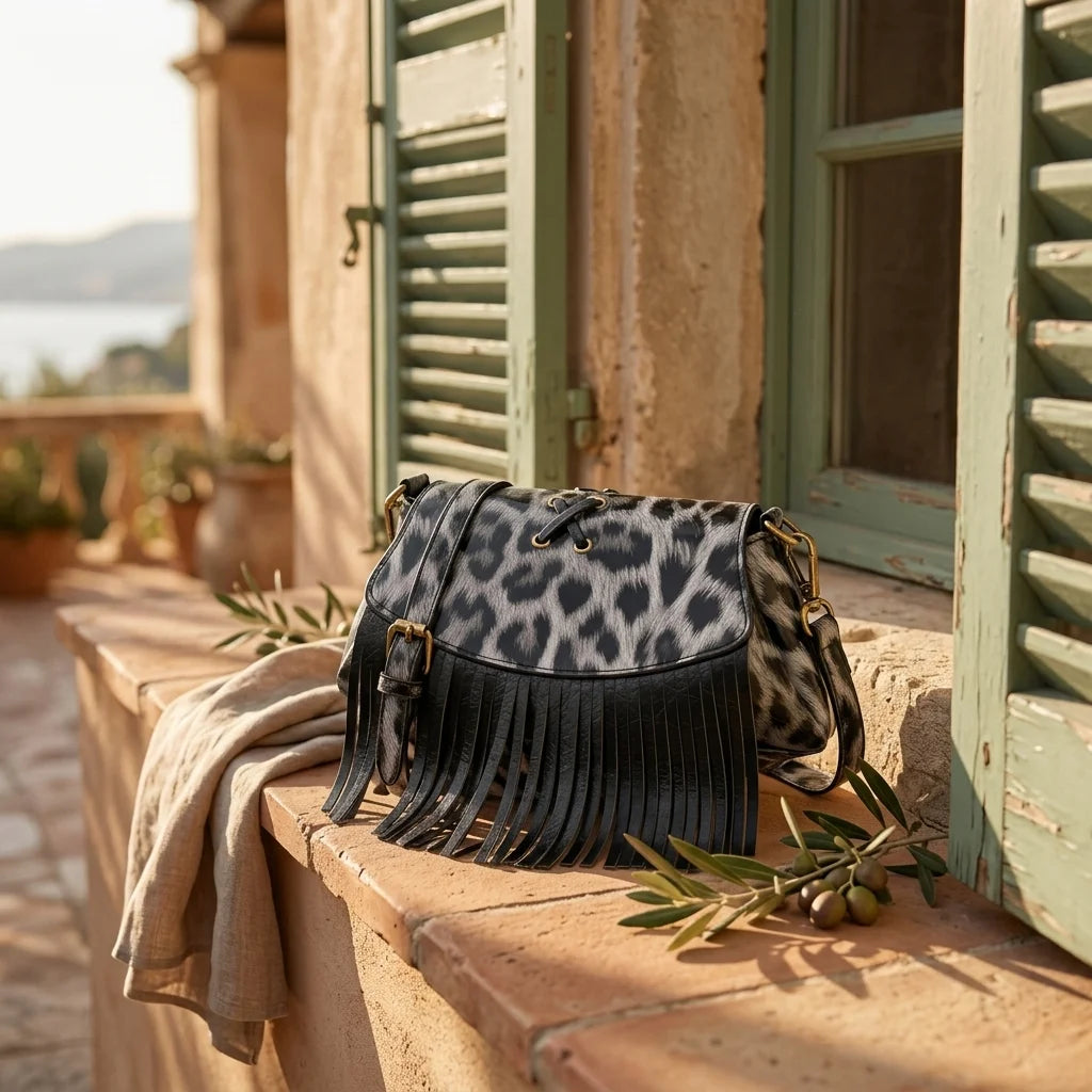 Grey small fringe leather crossbody bag styled in a warm Mediterranean setting