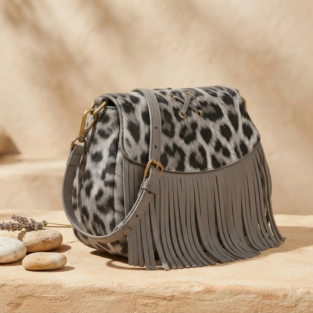 Grey small fringe leather crossbody bag, three-quarter angle showing side depth
