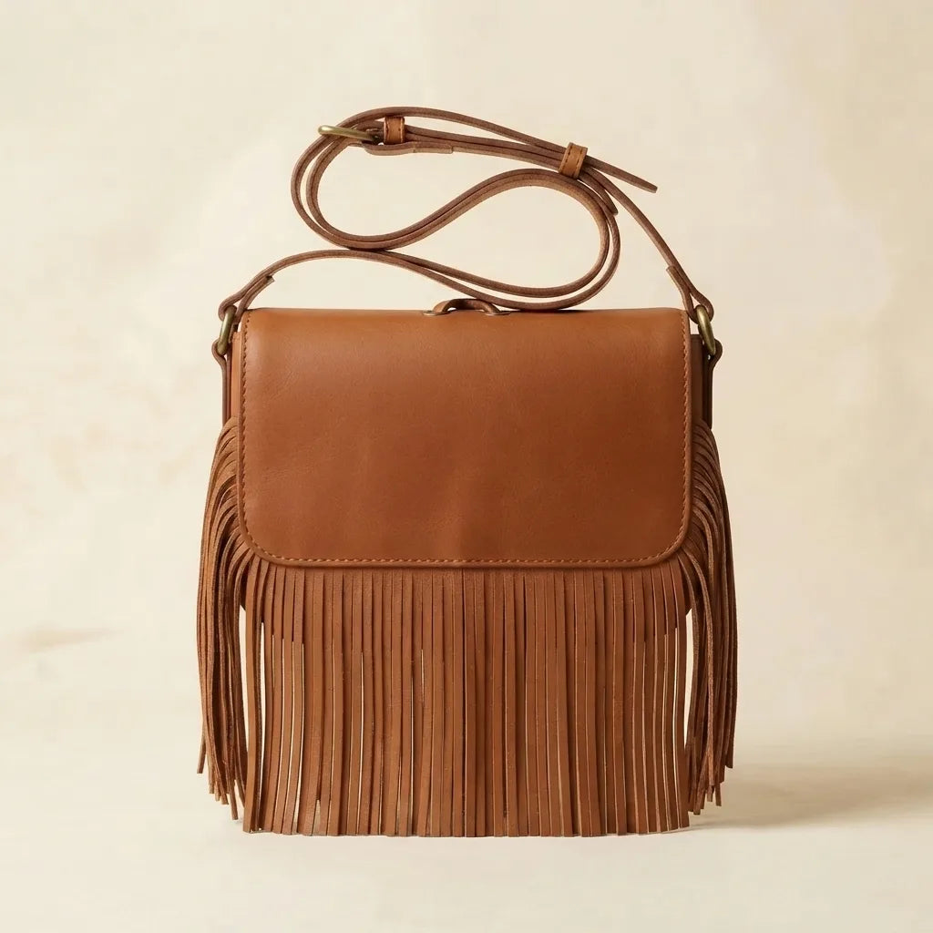 Back panel of Light Brown small fringe leather crossbody bag with strap attachments